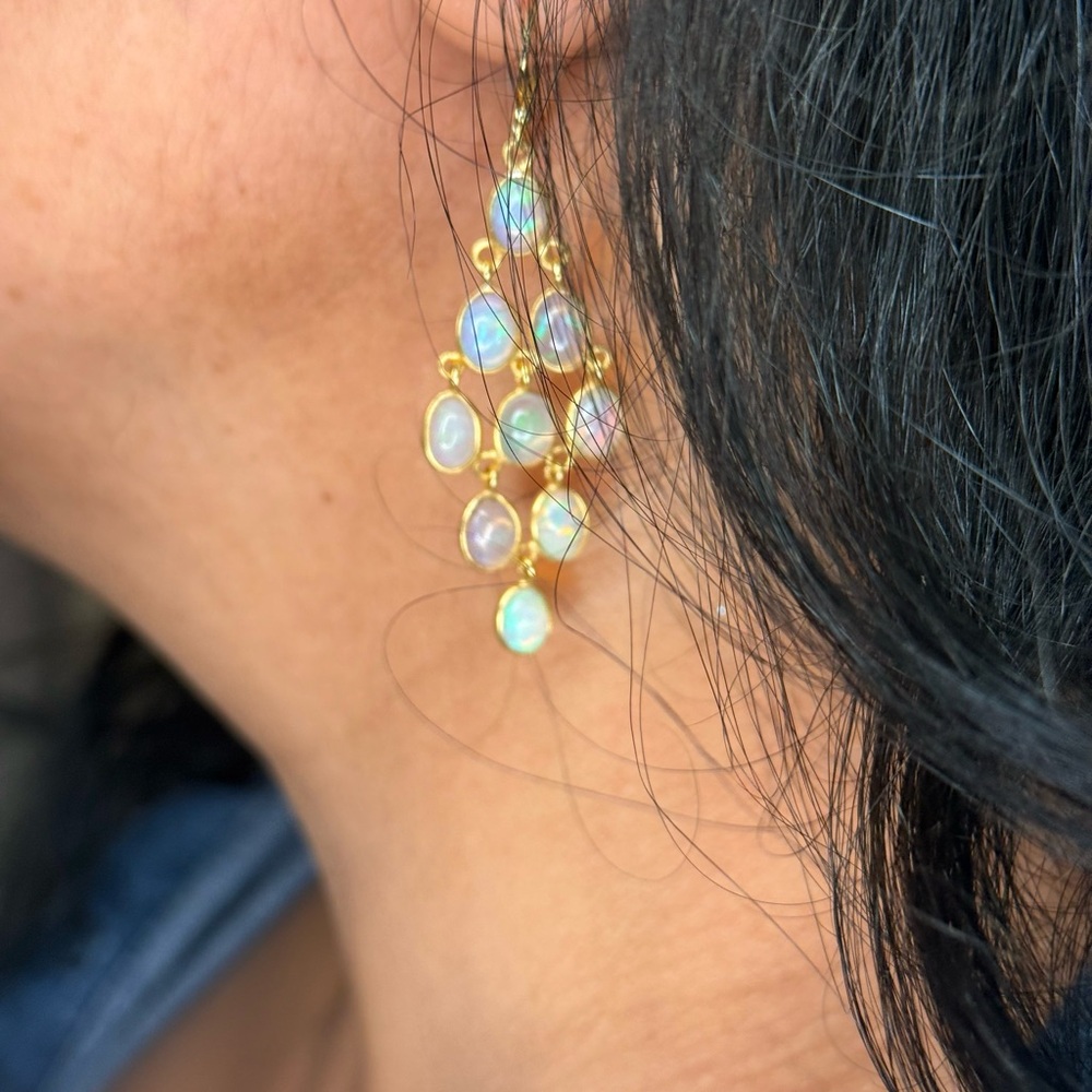 Ethiopian Opal Earrings • 2” Dangle • 925 Silver 18K Gold Plated • Handmade - Picture 9 of 10